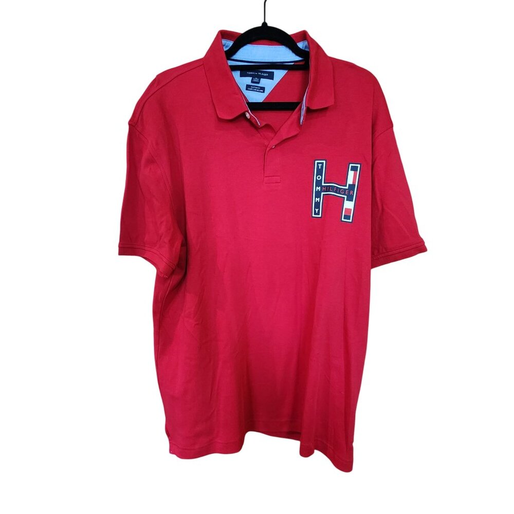 Tommy Hilfiger Mens Red Polo Shirt XL Long Custom Fit Cotton Embroidered H Logo